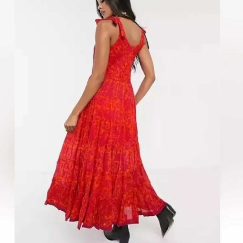Free People Kikas Printed Midi Dress Cotton Ruffle Tiers Floral Sm Tangerine EUC - Picture 3 of 15